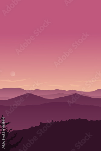 the beautiful mountain landscape with sunset in purple and orange colors