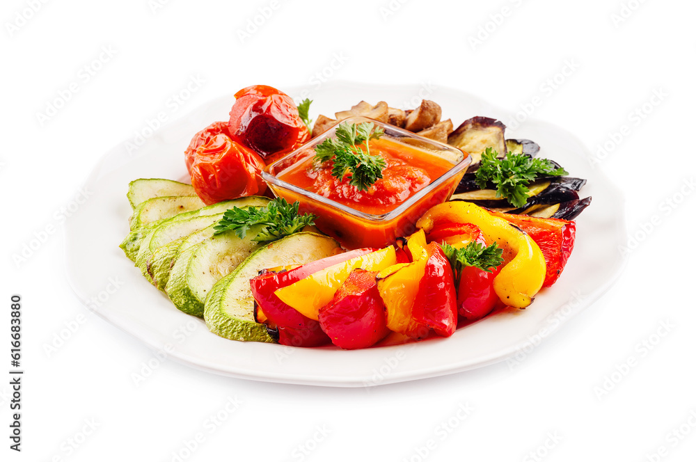 Grilled colorful vegetables on white plate Grilled colorful vegetables on white plate