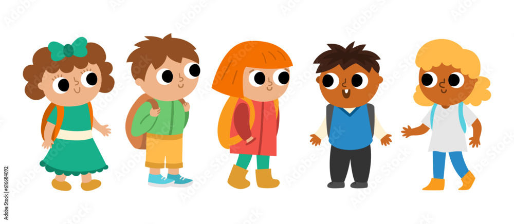 Vector cute schoolchildren with backpacks. Back to school character illustration. Boys and girls of different nationalities. Funny chatting kids with schoolbags isolated on white background.