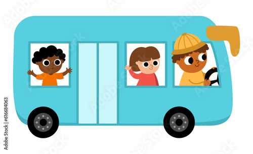 Vector blue bus with driver and passengers. Funny autobus for kids with cute boy and girl. Cute vehicle clip art. Public transport icon isolated on white background.