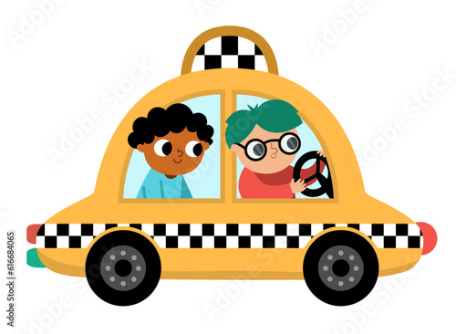 Vector yellow taxi car with driver and passenger. Funny cab for kids. Cute vehicle clip art. Retro transport icon isolated on white background