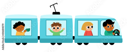 Vector blue train with driver and passengers. Funny electric transportation with wagons for kids. Cute vehicle clip art. Public transport icon isolated on white background.