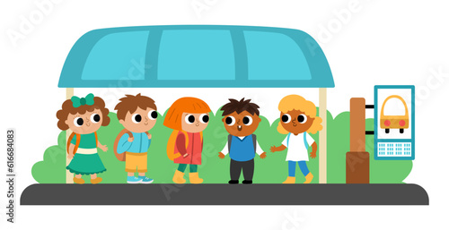 Children on a busstop waiting for the school bus. Vector bus stop icon. Cartoon public transport station. City or countryside transportation clipart with kids. Cute comfortable destination point.