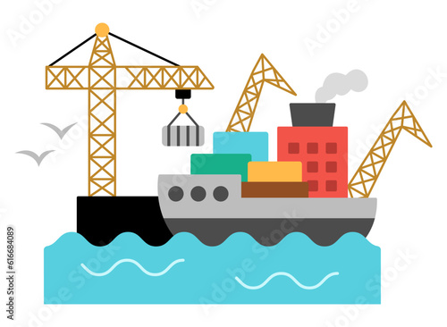 Vector sea port icon. Marine harbor terminal clipart with lifting cranes, cargo, barge. Seaport illustration. City transportation place. Funny public and freight transport destination point.