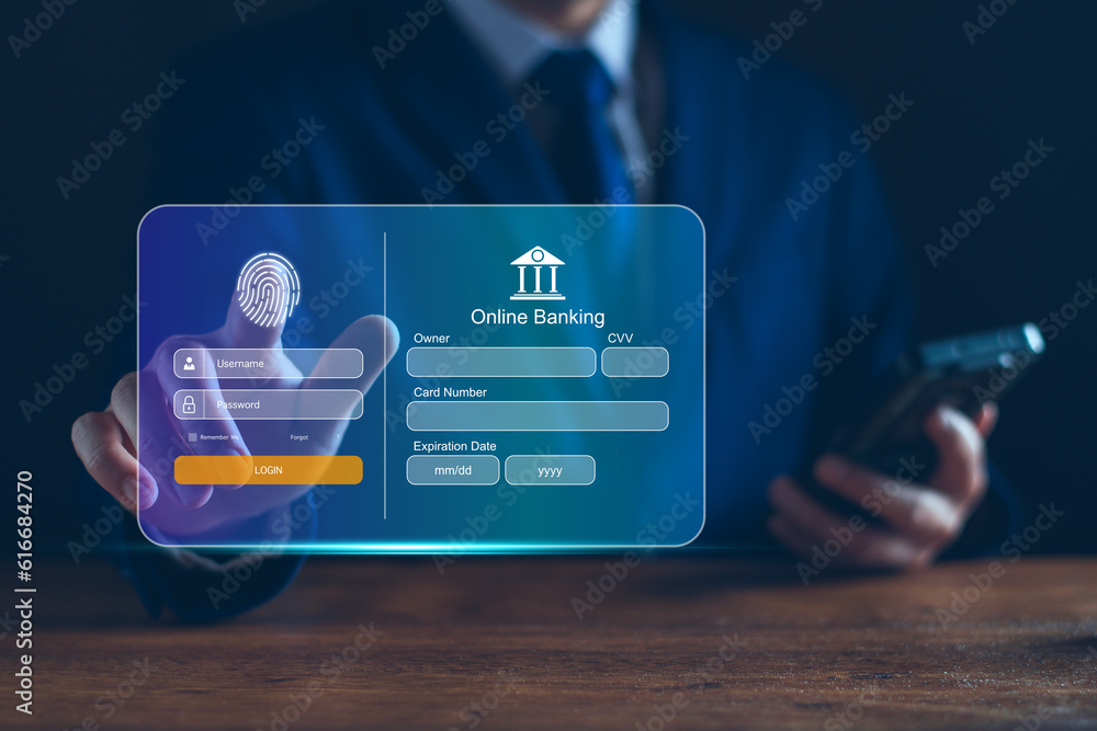 Cybersecurity online banking and payment concept. man fingerprint ...