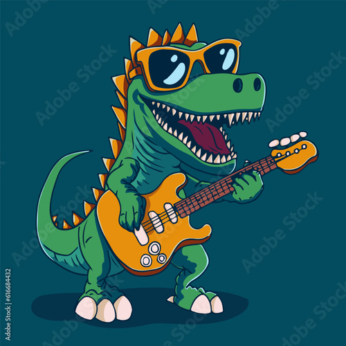 Green T-Rex Dinosaur Rocking the Guitar - Vector Illustration