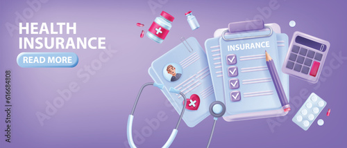 3D health insurance banner, family hospital vector healthcare safety polis concept, clipboard, bills. Patient personal medical profile, finance document, drugs pharmacy prescription. Health insurance