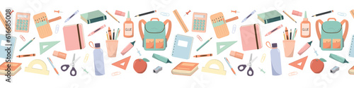 School supplies seamless border pattern. Back to school concept design pattern. Isolated on white background.