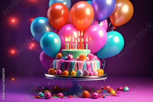A Birthday cake with balloons and party decorations
