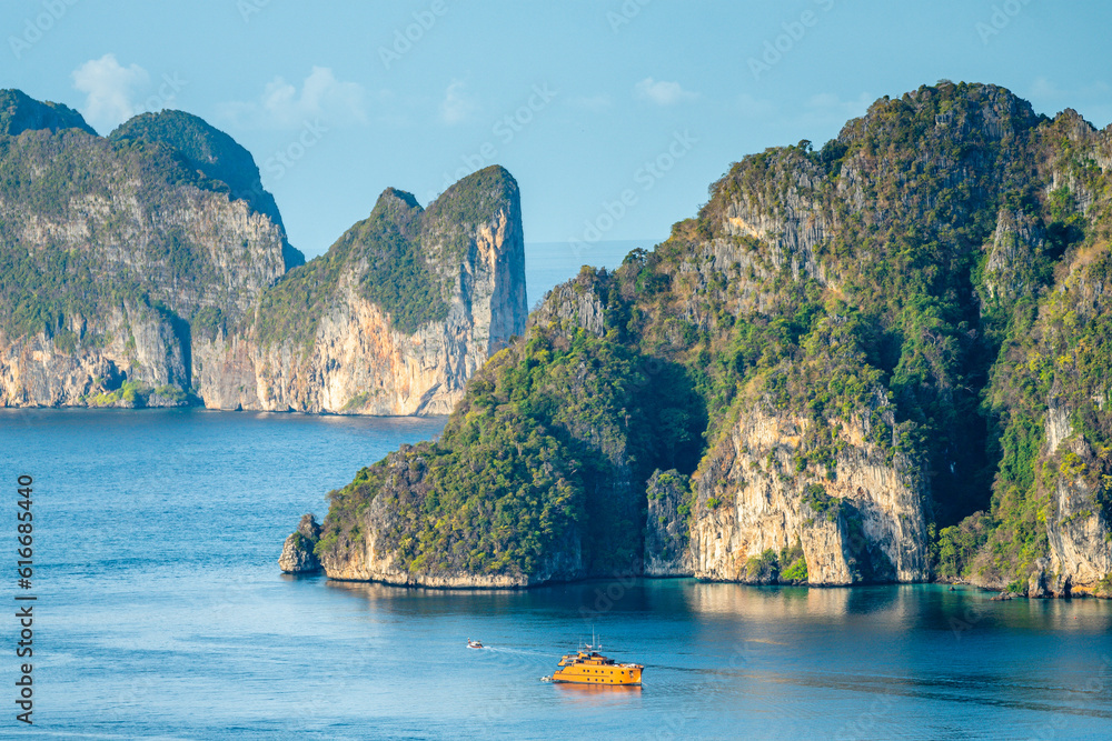views of maya bay beach in phi phi islands, thailand