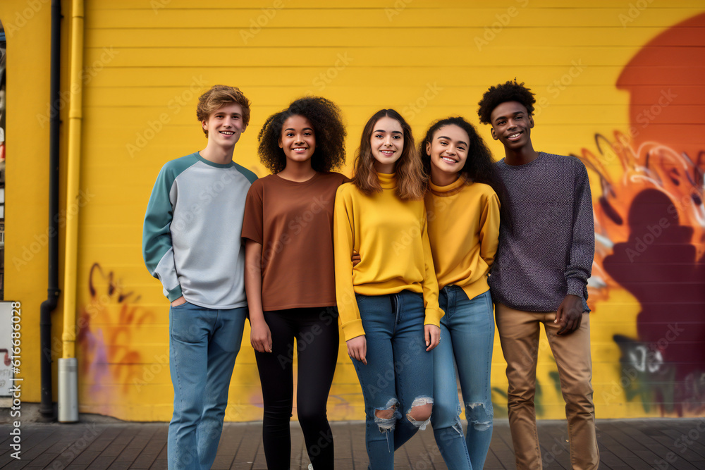 Fototapeta premium Group of students with yellow background