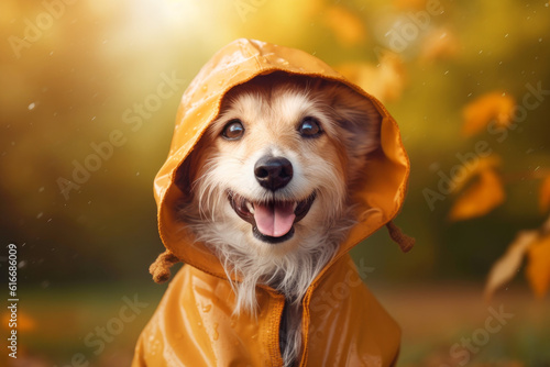 Cute dog with yellow rain coat. Rainy weather in autumn concept. Generative AI