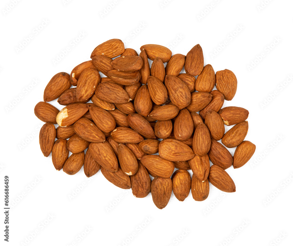 A little pile of almonds on a white background A little pile of almonds on a white background