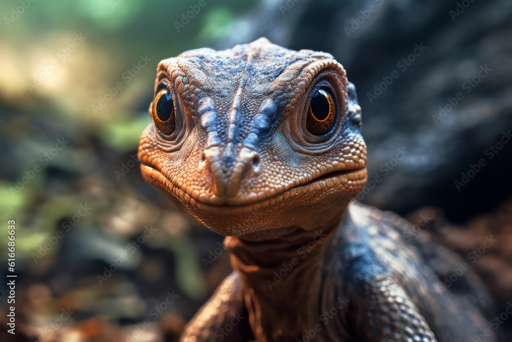 Close up view of a baby dinosaur watching closely into the camera 