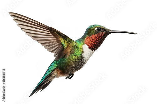 Image of hummingbird is flying on white background. Bird. Wildlife Animals. Illustration. Generative AI. © yod67