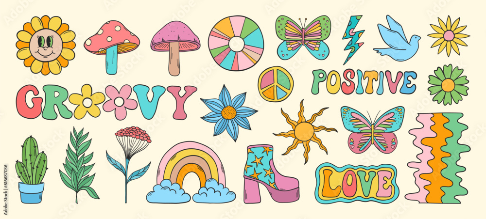 Groovy vector set. Hippie elements. 70s groovy hippie clipart. Retro groovy stickers. Psychedelic funky 60s 70s doodles. Retro cartoon sun, rainbow, plants.