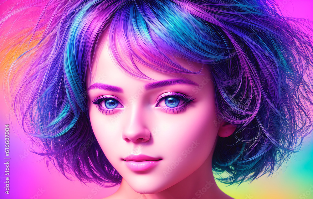 Portrait of a beautiful young woman with rainbow hair on a multicolored background. Beauty, fashion. Generative AI Portrait of a beautiful young woman with rainbow hair on a multicolored background. Beauty, fashion. Generative AI
