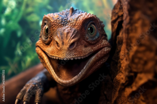 Close up view of a baby dinosaur watching closely into the camera 