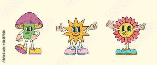 Retro cartoon characters. Groovy vector set. Star, mushroom and daisy flower cartoon characters. 70s groovy hippie clipart. Psychedelic funky 60s 70s doodles. Set of retro cartoon stickers.