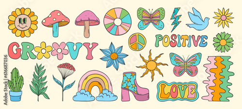 Groovy vector set. Hippie elements. 70s groovy hippie clipart. Retro groovy stickers. Psychedelic funky 60s 70s doodles. Retro cartoon sun, rainbow, plants.