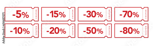シンプルな白と赤の-5%〜-80%クーポンベクターデザインセット