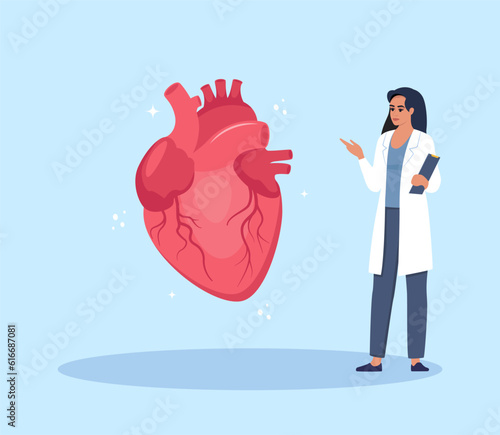 Doctor gives a training lecture about anatomy. Doctor presenting human heart infographics. Medical seminar, lecture, healthcare meeting concept. Vector illustration.
