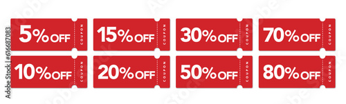 シンプルな赤の5%〜80%オフクーポンのベクターデザインセット