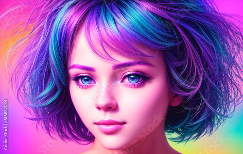 Portrait of a beautiful young woman with rainbow hair on a multicolored background. Beauty, fashion. Generative AI © Anton Dios
