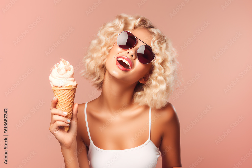 Beautiful Woman Eating an Ice Cream on a Pink Background. Generative AI. Beautiful Woman Eating an Ice Cream on a Pink Background. Generative AI.