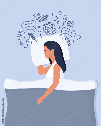 Young woman lies in bed and suffers from insomnia, depression, unresolved problems. Woman surrounded by stream of anxious thoughts. Mental health, life crisis. Vector illustration.