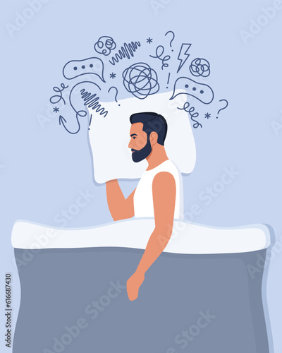Young man lies in bed and suffers from insomnia, depression, unresolved problems. Man surrounded by stream of anxious thoughts. Mental health, life crisis. Vector illustration.