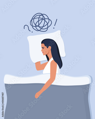 Young woman lies in bed and suffers from insomnia, depression, unresolved problems. Woman surrounded by stream of anxious thoughts. Mental health, life crisis. Vector illustration.