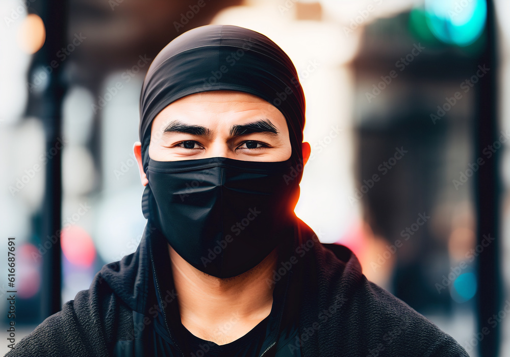 a male ninja with a black mask on his face covering his face. Generative AI. a male ninja with a black mask on his face covering his face. Generative AI.