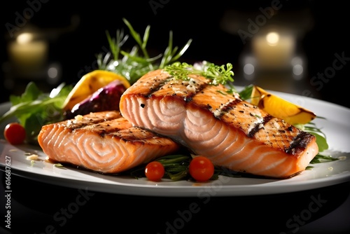 Platter of grill salmon. Created with Generative AI Technology