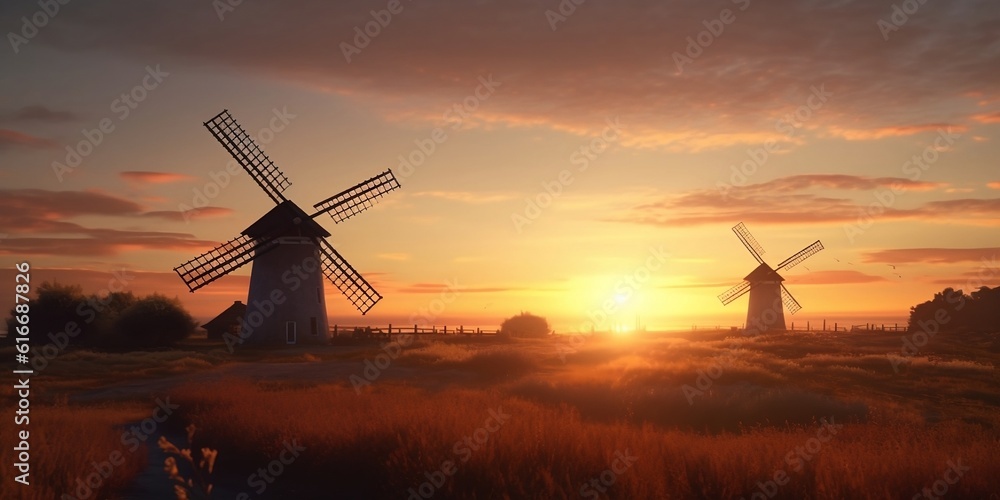 Two old mills stand majestically at sunset. The concept of restoration and conservation of mills. An art and craft concept inspired by windmills. Created with generative AI tools