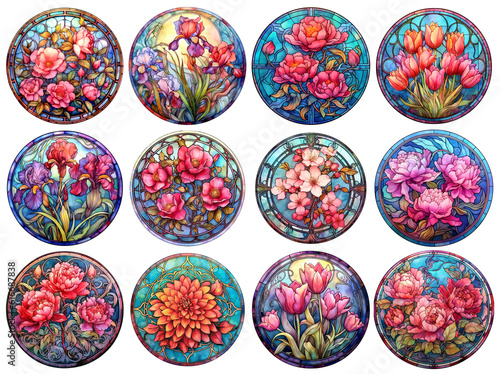 Collection of round stained glass with blomming flowers. Generative AI photo