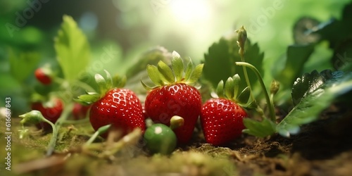 Juicy strawberries on the bushes. The concept of growing and harvesting strawberries. Created with generative AI tools
