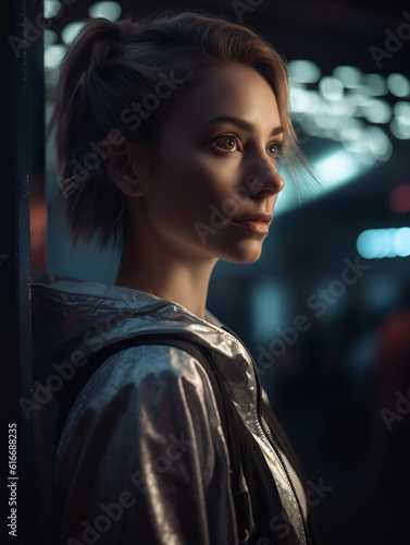 Woman Female Face Street Style Portrait Close Up Photo Digital Generated Realistic Modern Trendy Illustration Artwork Background photo