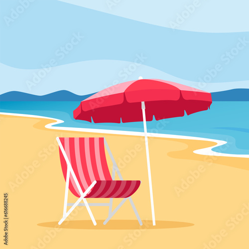 Beach umbrella and Sun lounger. Sunbed with parasol at sand beach. Summer tropical resort with private chaise-longues at seacoast. Empty sun bed at seaside. Vector illustration.