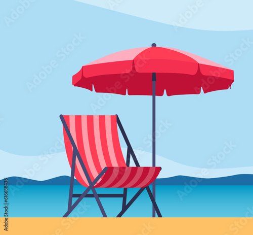 Beach umbrella and Sun lounger. Sunbed with parasol at sand beach. Summer tropical resort with private chaise-longues at seacoast. Empty sun bed at seaside. Vector illustration.