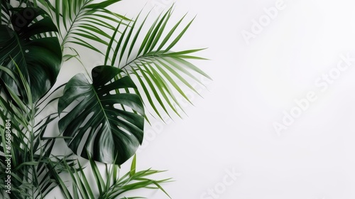 Tropical leaves Monstera and palm on white background generated ai