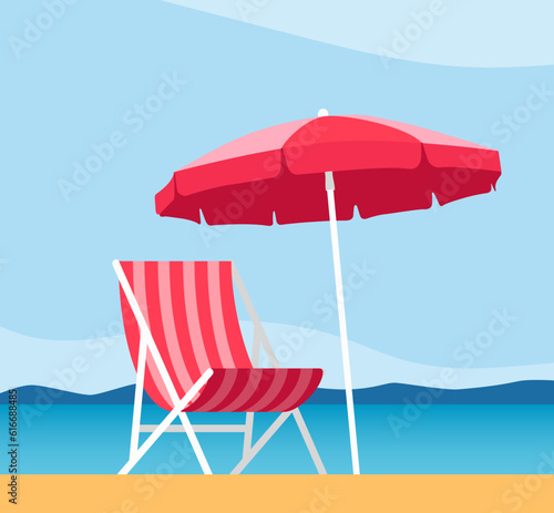 Beach umbrella and Sun lounger. Sunbed with parasol at sand beach. Summer tropical resort with private chaise-longues at seacoast. Empty sun bed at seaside. Vector illustration.