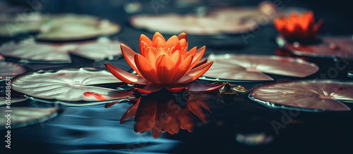 red lotus water lily blooming on water surface