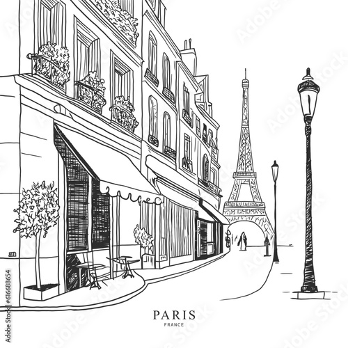 Hand drawn Paris city corner. Black and white vector line illustration