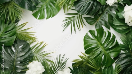 Tropical leaves Monstera and palm on white background generated ai © tydeline