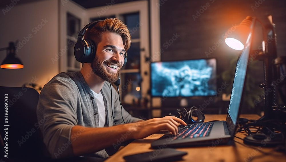 Professional Gamer Playing First-Person Shooter Online Video Game on His Powerful Personal Computer. Room and PC have Colorful Neon Led Lights. Young Man is Wearing a headset. Cozy Evening at Home. Professional Gamer Playing First-Person Shooter Online Video Game on His Powerful Personal Computer. Room and PC have Colorful Neon Led Lights. Young Man is Wearing a headset. Cozy Evening at Home.