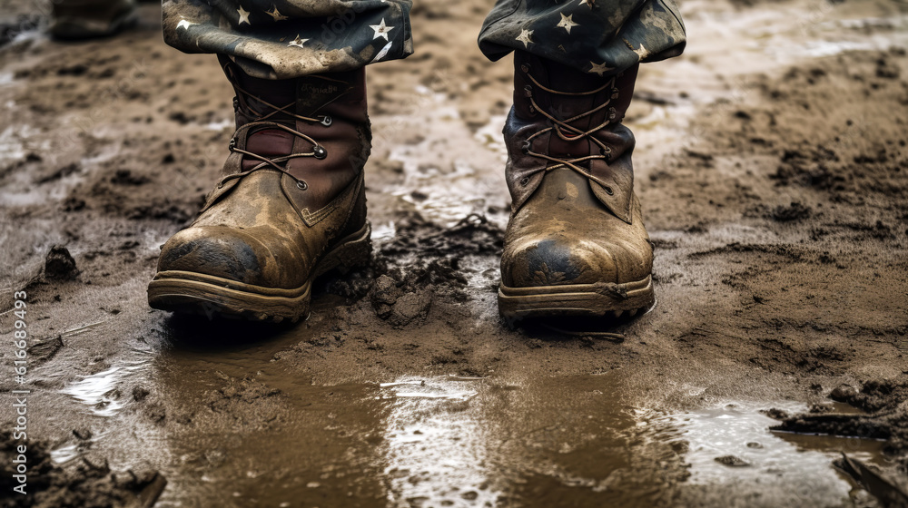 Captivating image of rugged military boots in the mud of a battlefield, evoking intense emotions and depicting the reality of war. Great for impactful projects. Generative AI