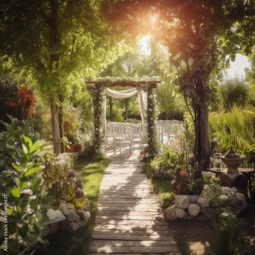 Beautiful romantic festive place made with wooden square and floral roses decorations for outside wedding ceremony in green park. Wedding settings at scenic place. Ai Generative