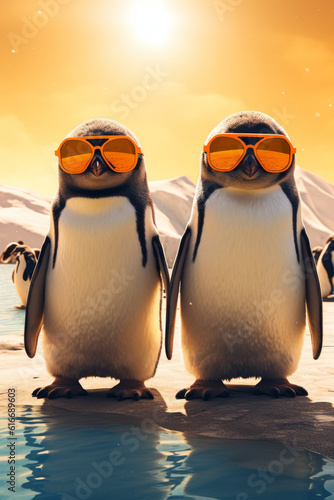 Cool penguines with sun glasses in an antartica landscape