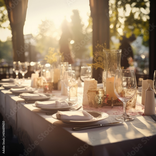 Beautiful outdoor table setting with white flowers for a dinner, wedding reception or other festive event. AI Generative